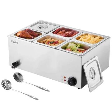 Sähköinen ruoanlämmitin ammattikäyttöön, 6 pannua, ruostumatonta terästä, 1200 W, 30–85 °C