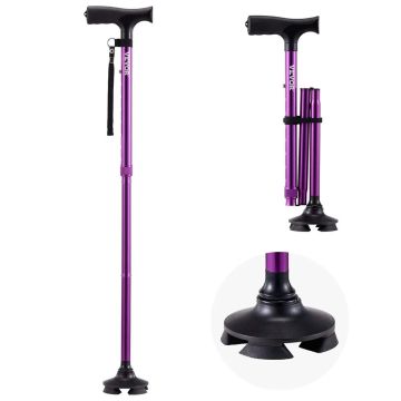 Kokoontaitettava alumiininen kävelykeppi, violetti, 8 korkeustasoa, pyörivä jalusta