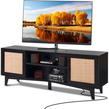 Rottinki-TV-taso 75-tuumaiselle televisiolle, musta, ovilla ja hyllyillä