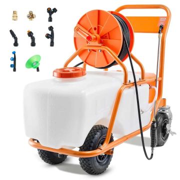 Опрыскиватель для газона на колесах, бак 60 л, регулируемое давление 0-90 PSI.
