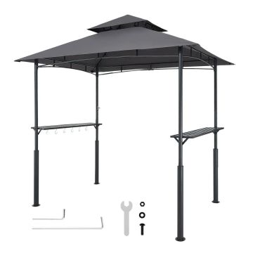 Grillipaviljonki kaksoiskatolla, terästä, 2,43x1,5 m, hyllyillä ja koukuilla