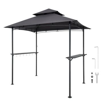 Teräksinen terassigrillipaviljonki 2,43x1,5 m kaksoiskatolla ja hyllyillä
