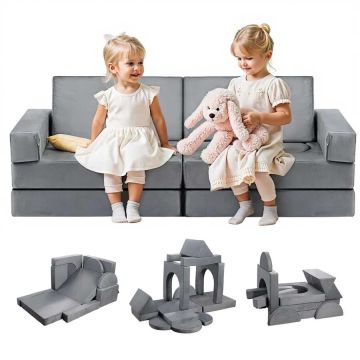 Modulaarinen lasten sohva, 14 osaa, harmaa, muunnettava, käsinojilla