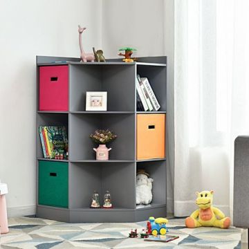 Lasten säilytyshylly, 6 lokeroa, 3 hyllyä ja 3 koria, Harmaa, 32 × 24 × 37 tuumaa