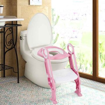 Children's toilet seat with steps, adjustable height, pink/white, 35.6 × 24.1 × 64.8 cm
