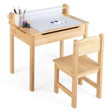 Children's workbench with paper roll holder, natural, 2 markers