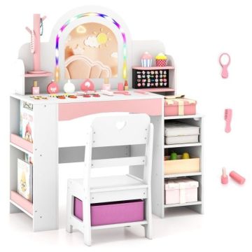 Children's dressing table, With LED mirror and chair, White/pink, 86.36 × 104.14 × 39.37 cm