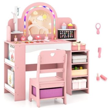 Children's dressing table, With LED mirror and chair, Pink/white, 86.36 × 104.14 × 39.37 cm