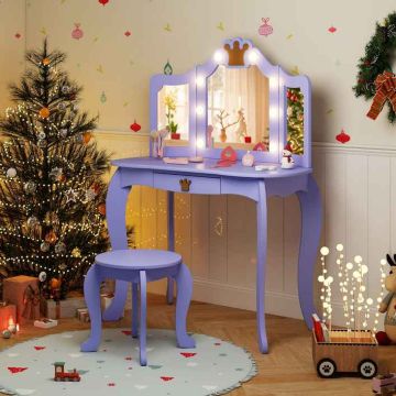 Children's dressing table, with stool, 3-part mirror and LED, Purple, 80 × 106 × 40 cm