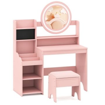 Children's dressing table, With mirror and stool, Pink, 84 × 107 × 37 cm