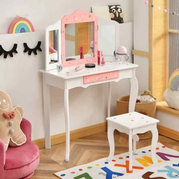 Children's dressing table, with stool and three-part mirror, 70 × 104.5 × 34 cm