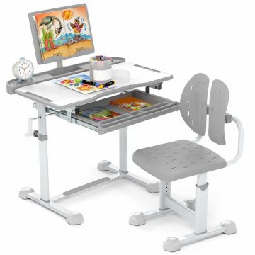 Children's table and chair set, 9 table and 5 chair height positions, Grey, 80.01 × 82.55–99.06 × 49.53 cm