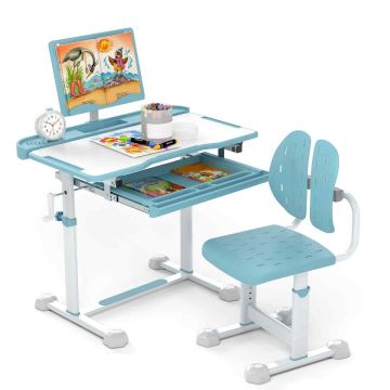 Children's table and chair set, Table and chair, Blue/gray/pink, 80 × 83–99 × 50 cm
