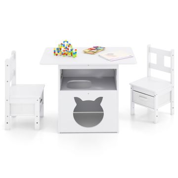 Children's furniture set, 1 table + 2 chairs, White, 80 × 58.4 × 52.1 cm