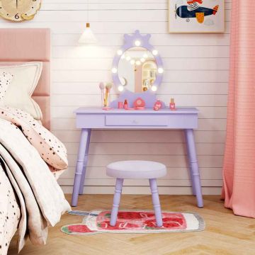 Children's furniture set, table, stool and LED mirror, Purple, 70 × 99 × 34 cm