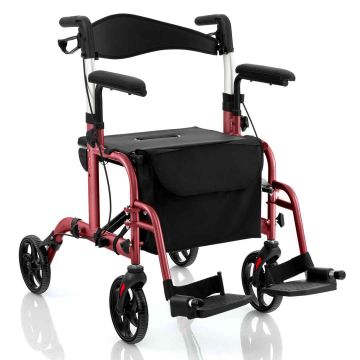 Roller walker with seat, 2 in 1, Red, 40.5 × 85.1–96.5 × 63.5 cm