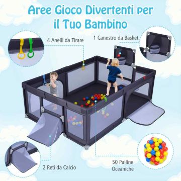 Children's playpen, 1 hoop, 2 soccer goals, 4 rings, 50 balls, 207 × 145 × 68 cm
