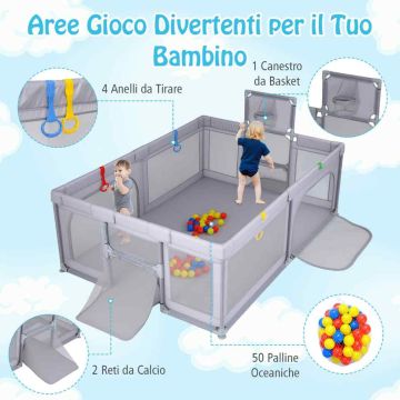 Children's playpen, 1 hoop, 2 soccer goals, 4 rings, 50 balls, 207 × 145 × 68 cm