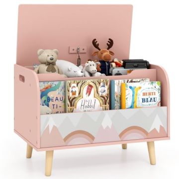Children's toy box with bookshelf, Pink/white, 59.69 × 43.18 × 40.64 cm