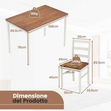 Dining set, 5 pieces, 4 chairs, brown and white, 108 × 76 × 66.5 cm
