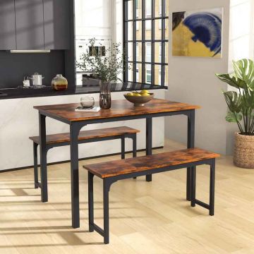 Dining room set, table and 2 benches, Brown, 43 × 30 × 28 in