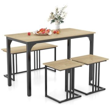Dining table set for 4 people with bench and 2 stools, wood texture