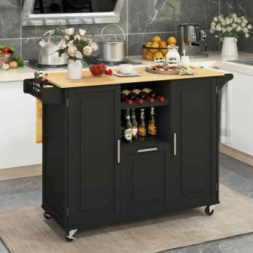 Kitchen island cart, 2 cabinets, 1 drawer, 4 casters, Black, 130 × 90 × 74 cm