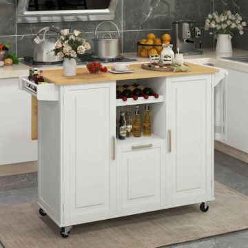 Kitchen island cart, 2 cabinets, 1 drawer, 4 casters, Black/white, 130 × 90 × 74 cm