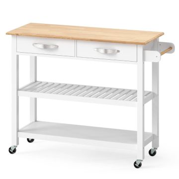 Kitchen island cart, 2 drawers, 2 shelves, White, 116 × 43 × 89 cm