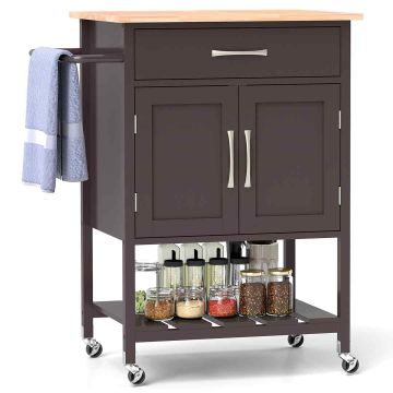 Kitchen island cart, drawer, 2-door cabinet, Black/brown/white, 73 × 90 × 48 cm
