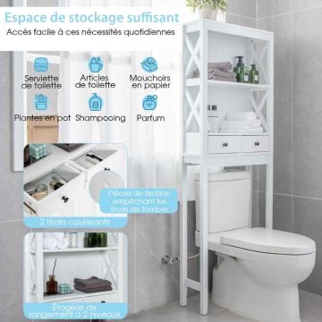 Bathroom shelf, Above the toilet, 3 shelves, 2 drawers, White, 60 × 165 × 20.5 cm