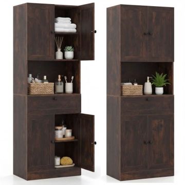 Bathroom cabinet, 4 doors, 1 drawer, open compartment, Brown, 60 × 35 × 171.5 cm