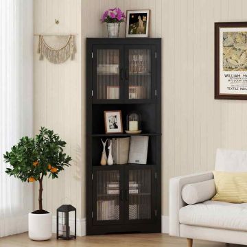 Bathroom cabinet, corner, 2 cabinets and 2 shelves, Black, 66 × 171 × 35 cm