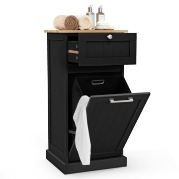 Bathroom cabinet, with drawer and 30 l laundry basket, White, 40 × 37 × 82 cm