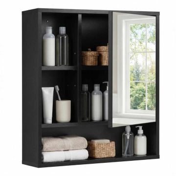 Bathroom cabinet with mirror, 3 open compartments and 2 spaces behind the mirror, Black, 55 × 61 × 16 cm