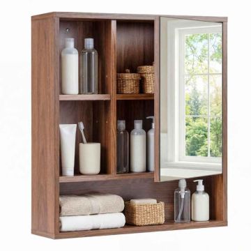 Bathroom cabinet with mirror, 3 open compartments and 2 spaces behind the mirror, Brown, 55 × 61 × 16 cm