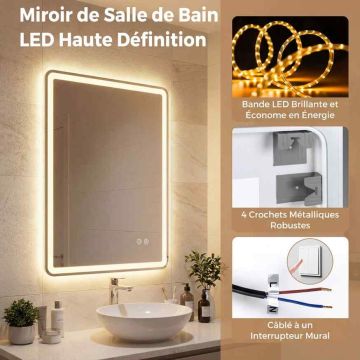 Bathroom mirror, Rectangular LED, Silver, 80 × 60 × 3 cm