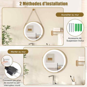 Bathroom mirror with LED lighting, 3 light temperatures, Gold, Ø 60 × 60 cm