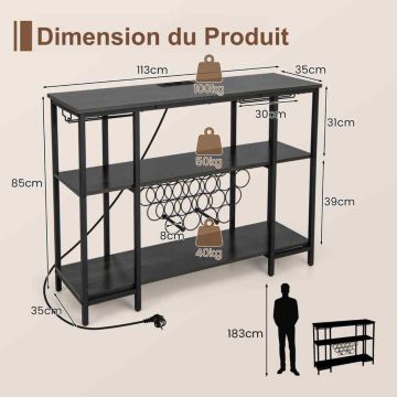 Wine rack, 15 bottles, 6 glasses, Grey, 113 × 85 × 35 cm