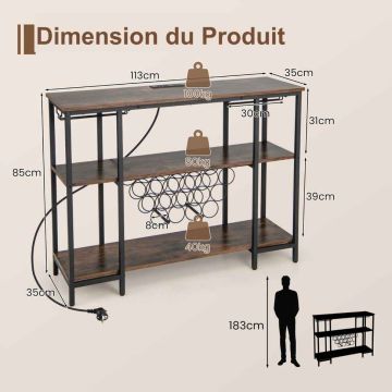 Wine rack, 15 bottles, 6 glasses, Brown, 113 × 85 × 35 cm