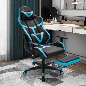 Gaming chair, Adjustable, with footrest, Blue, 73 × 73 × 124–133.5 cm