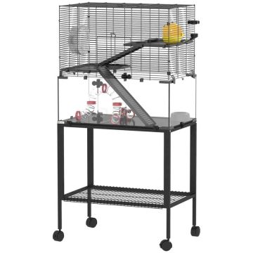 Hamsterihäkki, 3 tasoa, juoksupyörällä, 77 × 49 × 130,5 cm