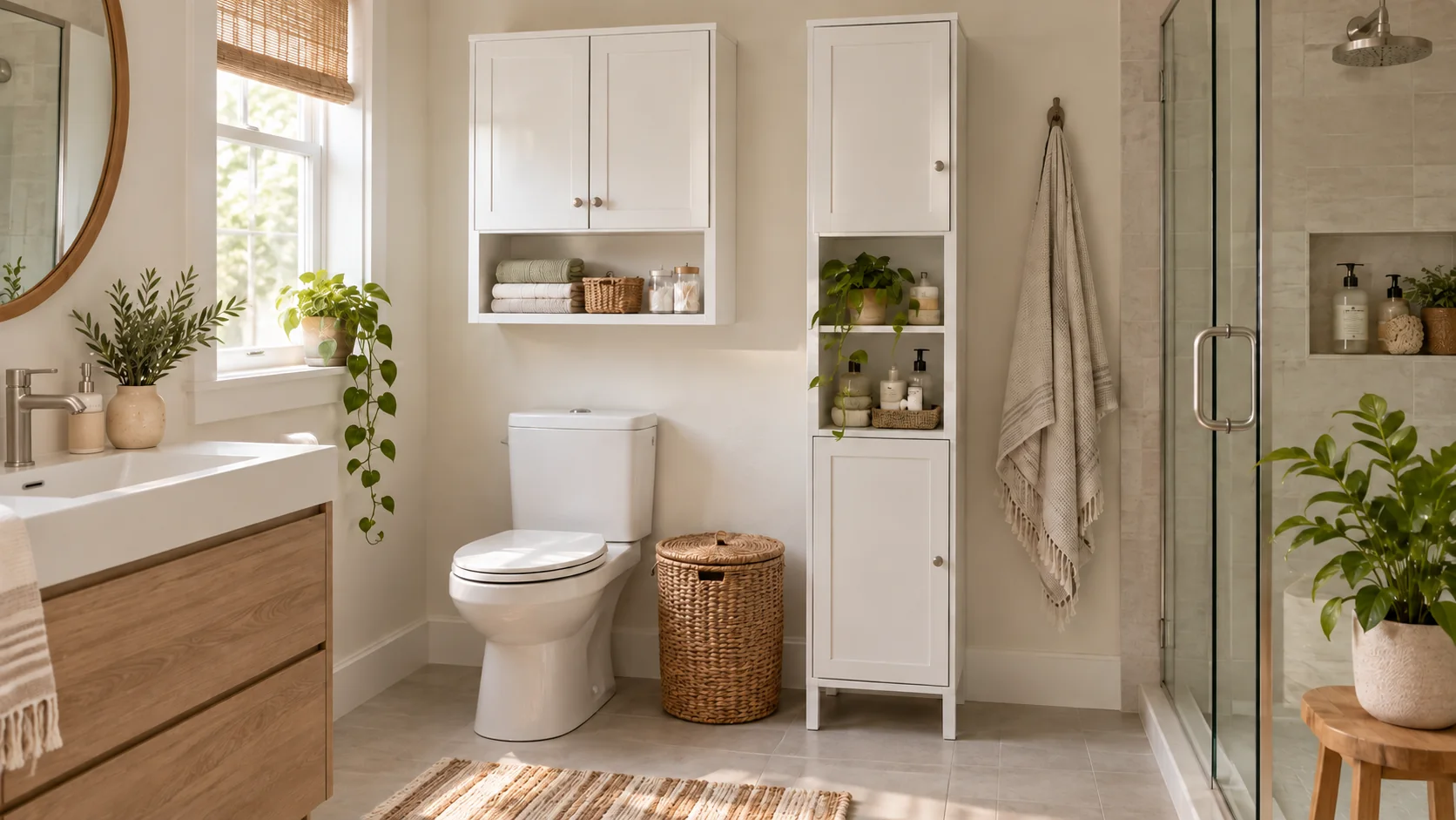 Bright bathroom with a wall cabinet and a tall freestanding cabinet