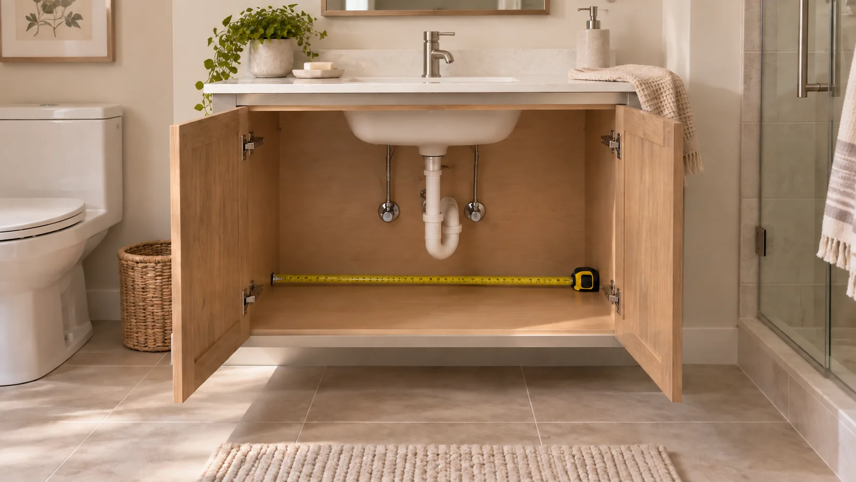 Open vanity unit with the trap and pipe space being measured