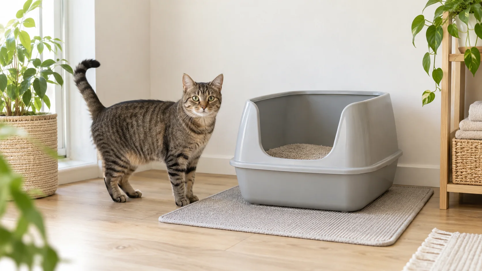Cat beside an open high-sided litter box in a bright room