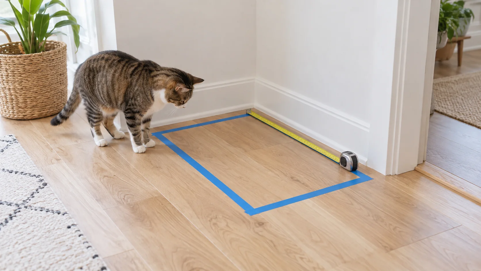 Painter's tape marking a litter box footprint beside a measuring tape