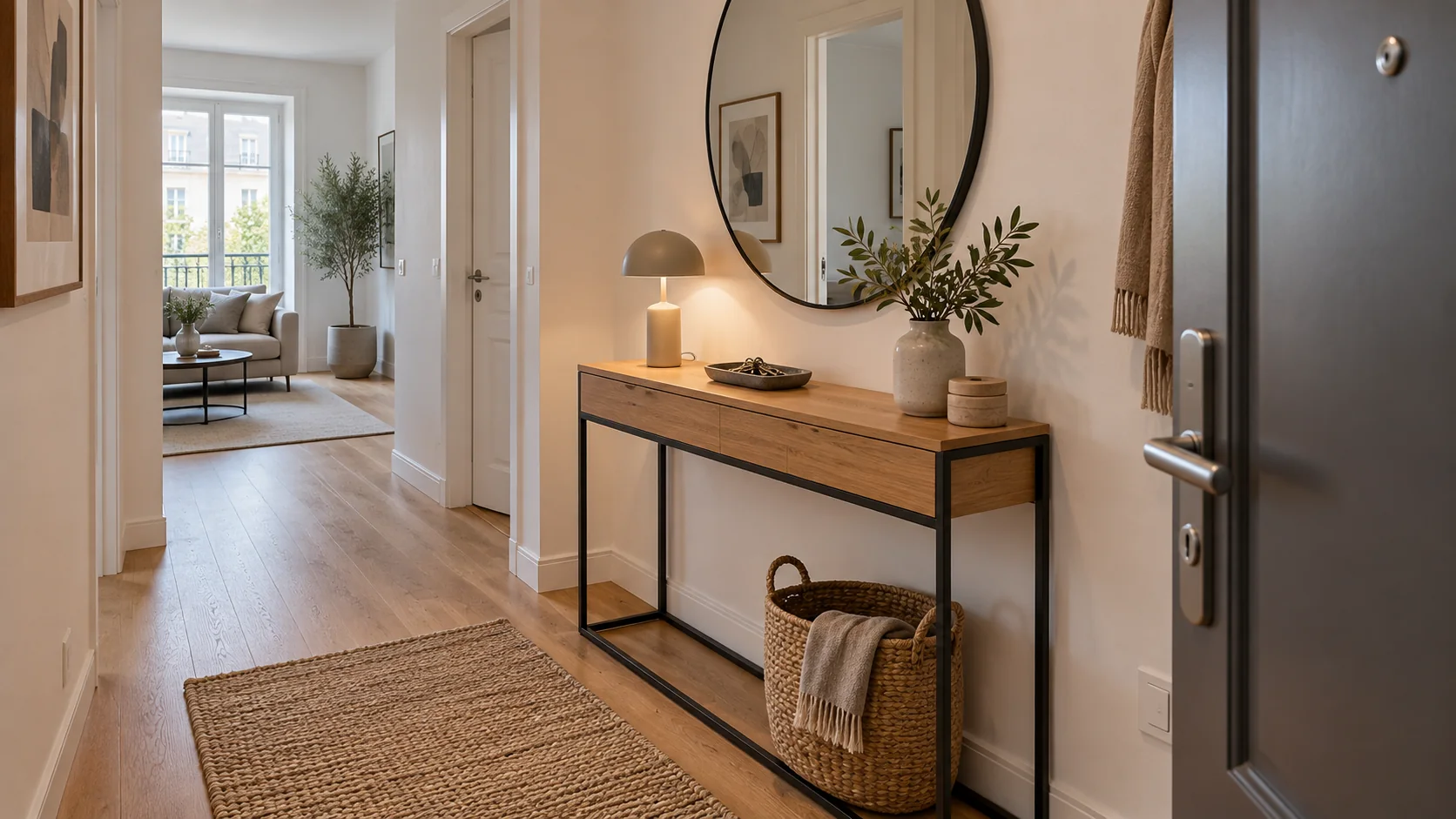 Slim console table in a bright European apartment hallway