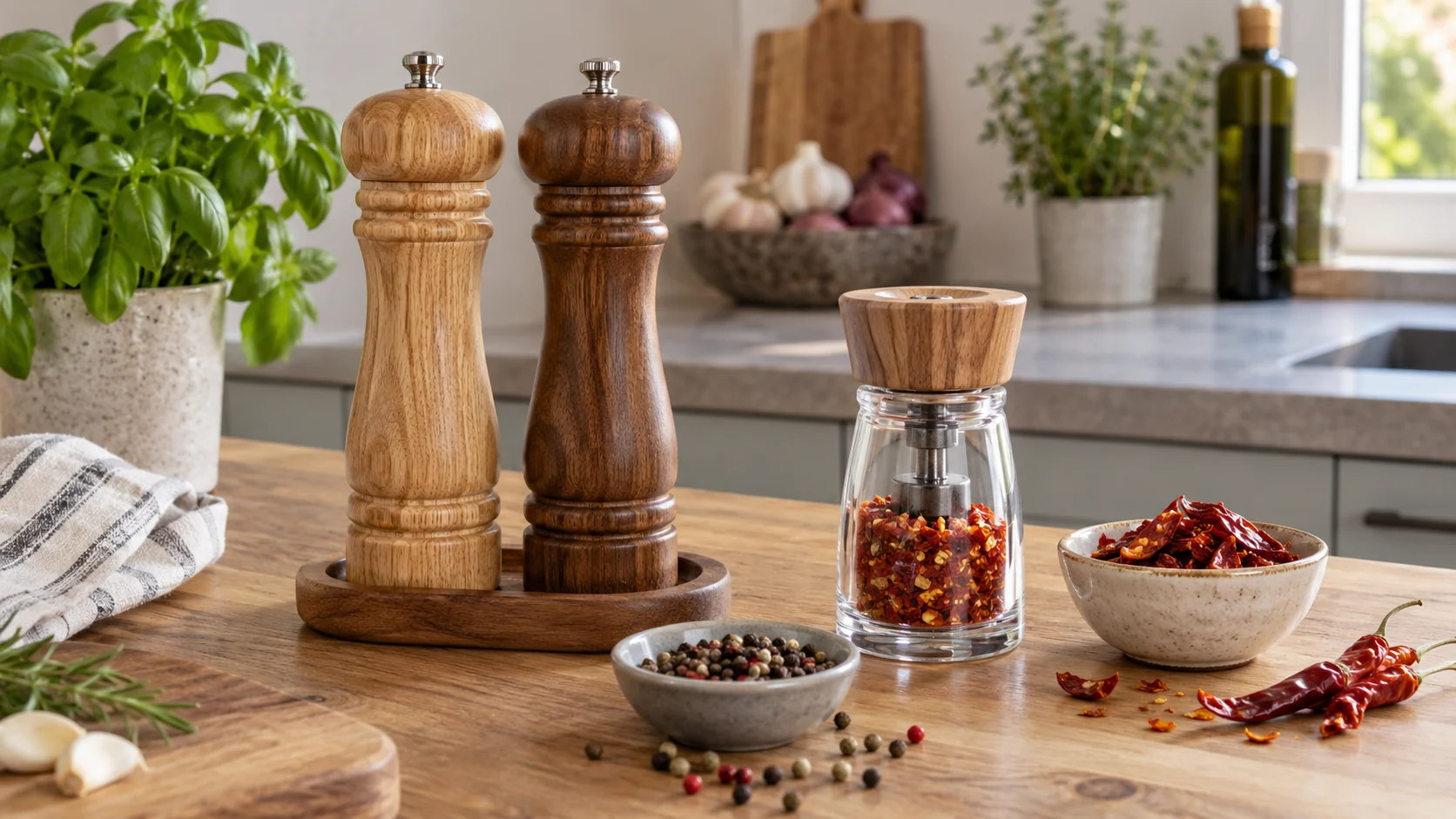 Manual salt and pepper mills with dried chilli on a dry kitchen surface
